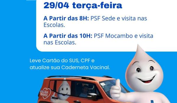 Alô, Ibitiara! Está chegando o carro da Vacina, com a presença do Zé Gotinha, nessa terça-feira (29). Não perca a oportunidade de atualizar sua caderneta vacinal. Alô, Ibitiara! Está chegando o carro da Vacina, com a presença do Zé Gotinha, nessa terça-feira (29). Não perca a oportunidade de atualizar sua caderneta vacinal.