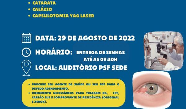 Atenção população de Ibitiara! No dia 29/08 irá ocorrer mutirão de triagem para cirurgias de Catarata e Pterigeo em nosso município!