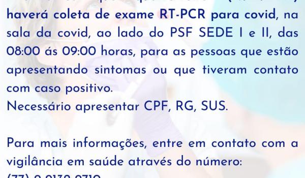 Comunicado. Informamos que quarta-feira (15/12/2021) haverá colete de exame RT-PCR...