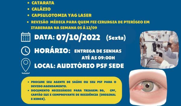 TRIAGEM PARA CIRURGIA, PTERÍGEO, CATARATA, CALÁZIO, CAPSULOTOMIA YAG LASER, REVISÃO MÉDICA PARA QUEM FEZ CIRURGIA DE PTERÍGEO EM ITABERABA NA SEMANA 05 A 12/09 TRIAGEM PARA CIRURGIA, PTERÍGEO, CATARATA, CALÁZIO, CAPSULOTOMIA YAG LASER, REVISÃO MÉDICA PARA QUEM FEZ CIRURGIA DE PTERÍGEO EM ITABERABA NA SEMANA 05 A 12/09